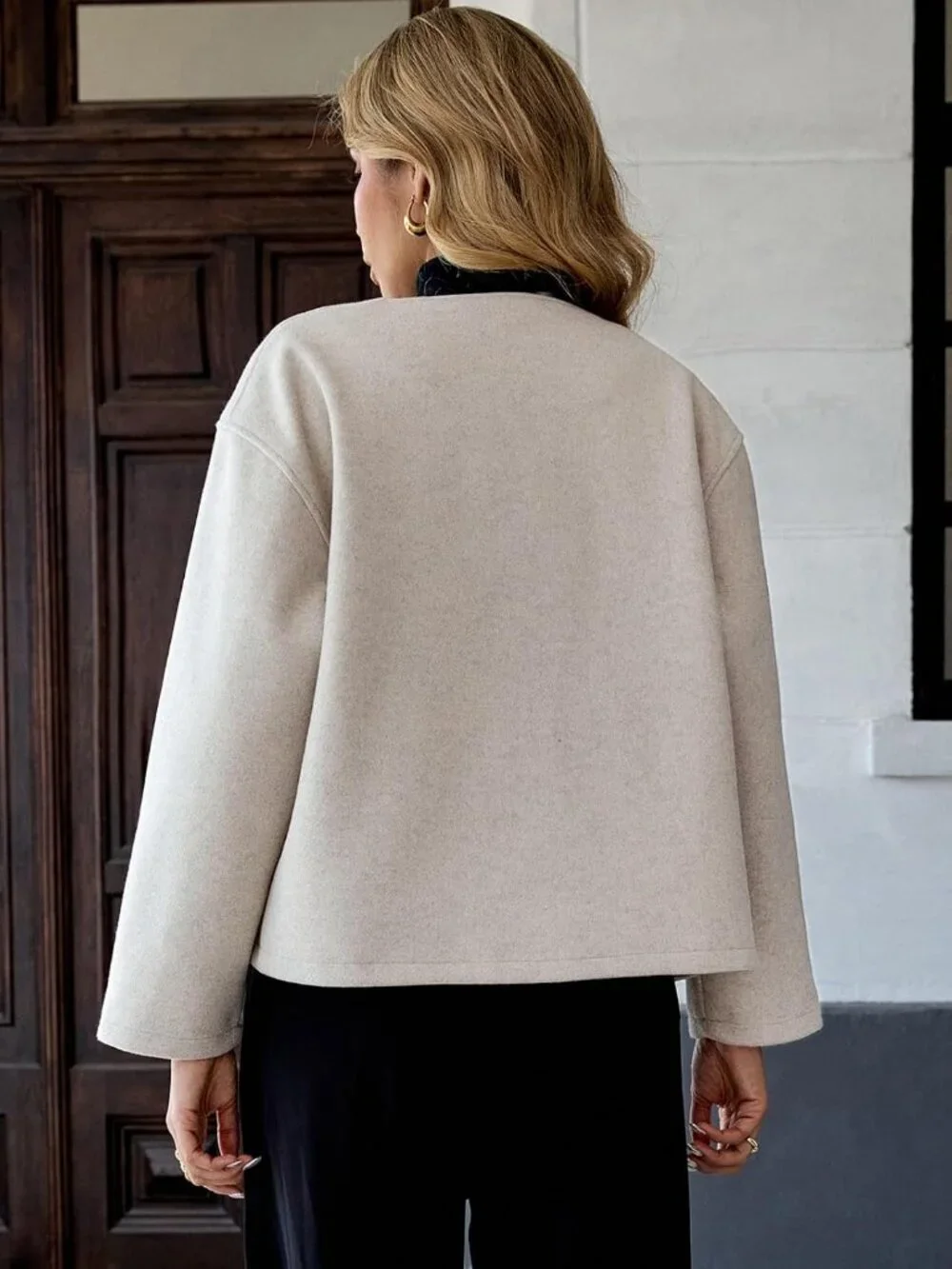 Women's Apricot Cropped Wool Blend Collarless Long Sleeve Short Pea Overcoat